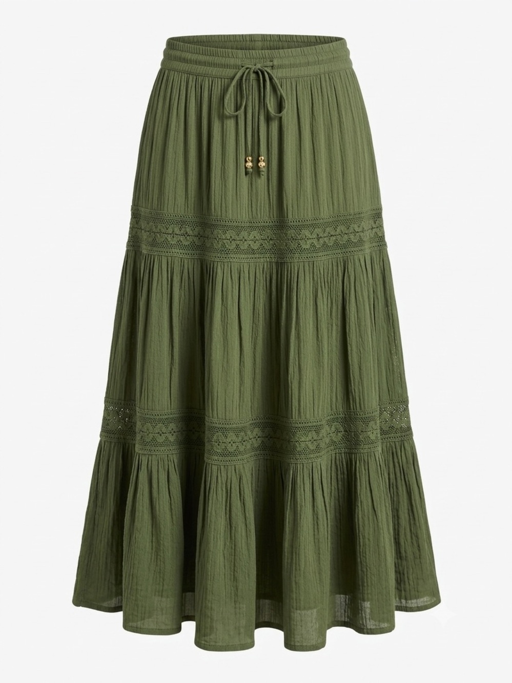 Earthy Whimsygoth Vintage Boho Tiered Gauze Maxi Skirt Green Crochet Lace Trim